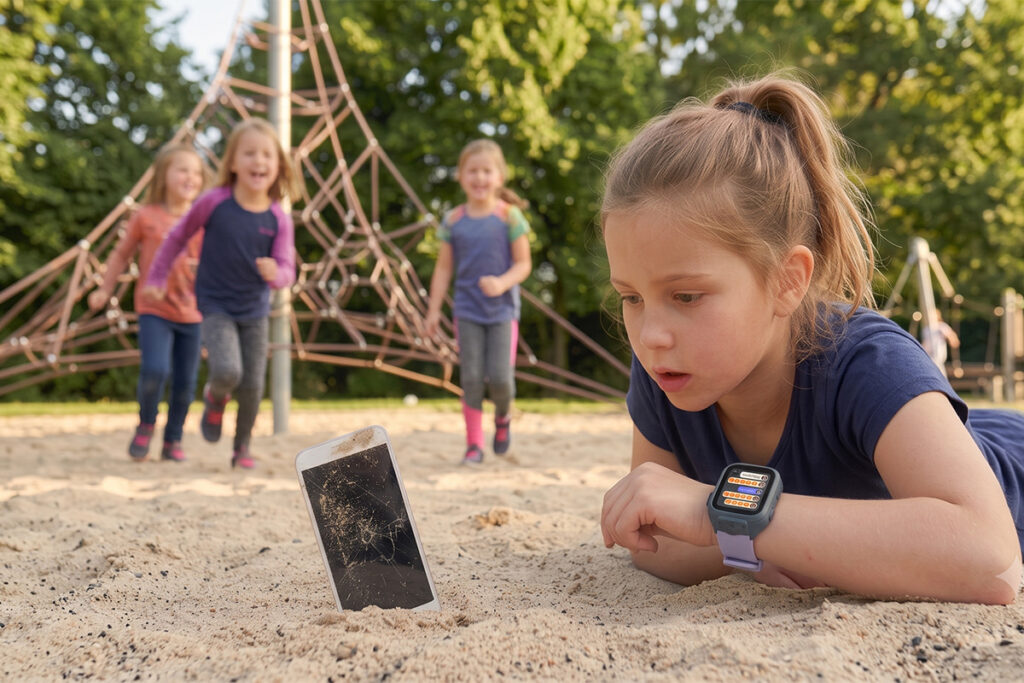 A girl lying on her stomach looking at a smartphone sticking out of the sand on a playground