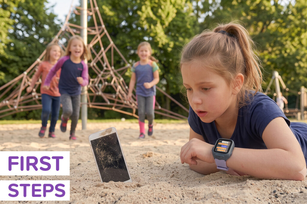 A young girl wearing a smartwatch looking at a broken smartphone in sand.