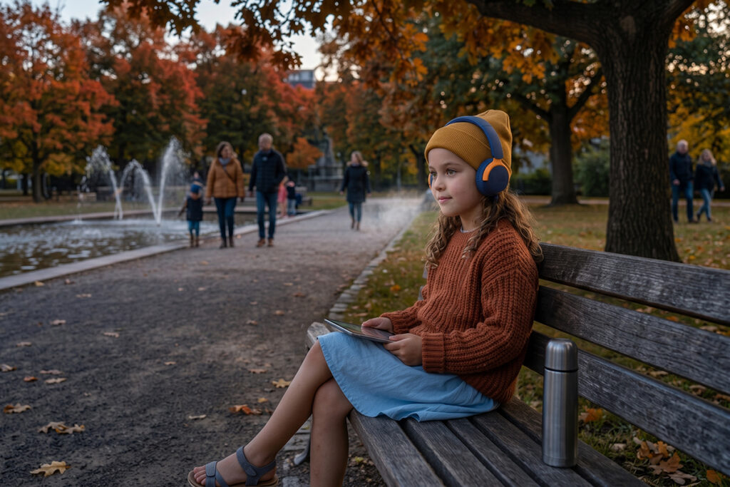 A girl wearing her CareBuds Max at the park in the fall.