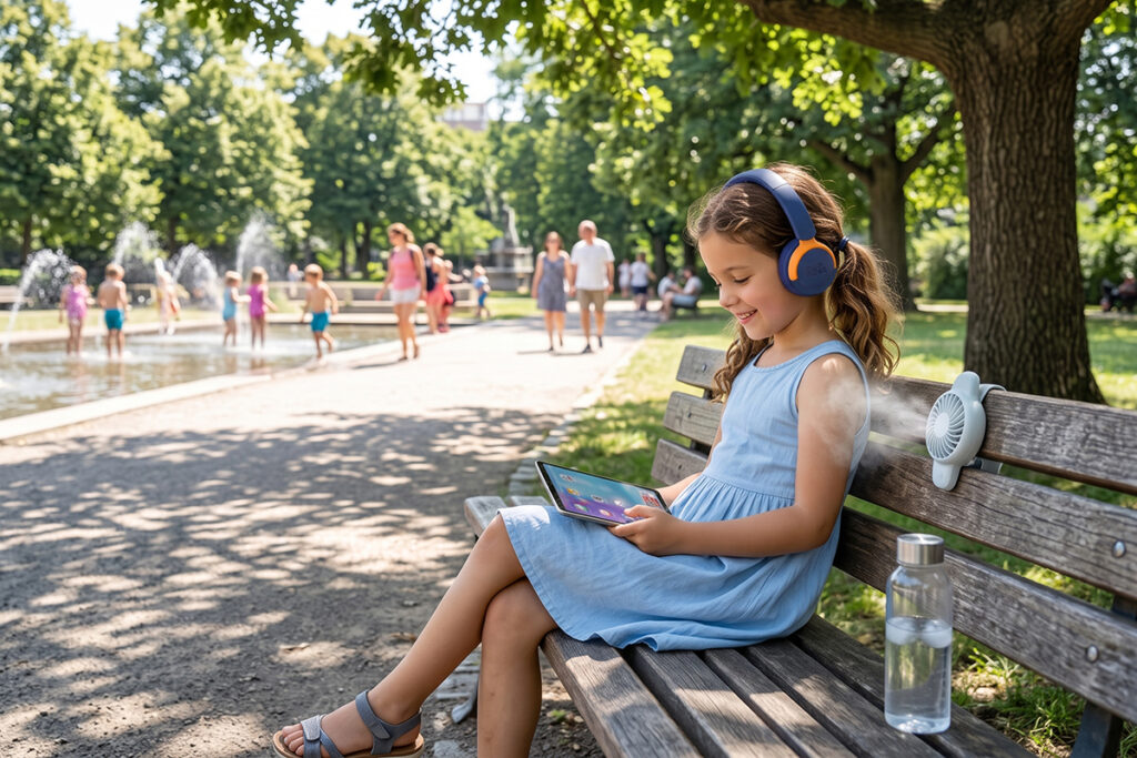 A girl relaxing on a bench in the summer heat while enjoying her CareBuds Max headphones