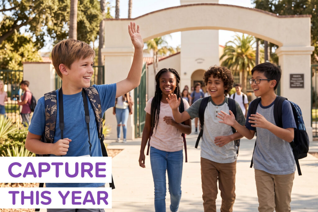 A kid walking into the new school year with friends, and the image is labeled Capture This Year