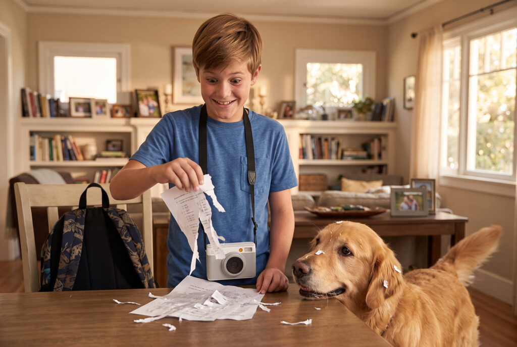 A kid discovering his dog has torn apart his homework.