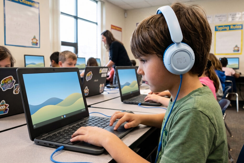 A child sitting in a classroom in front of a computer wearing headphones approved for school use