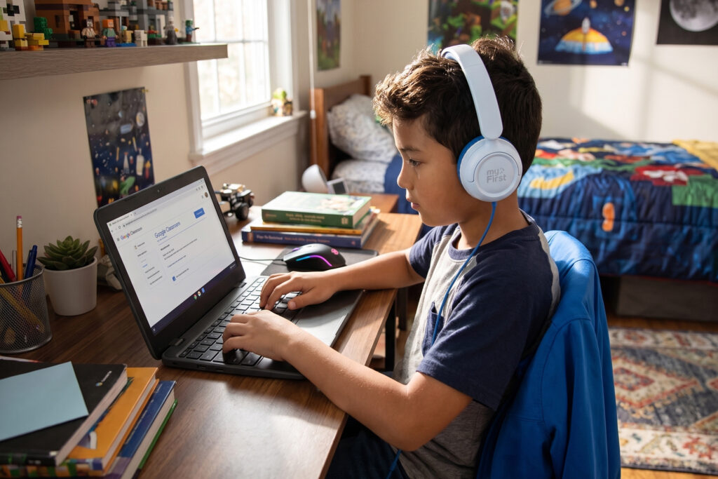 A boy wearing wired headphones for kids at home