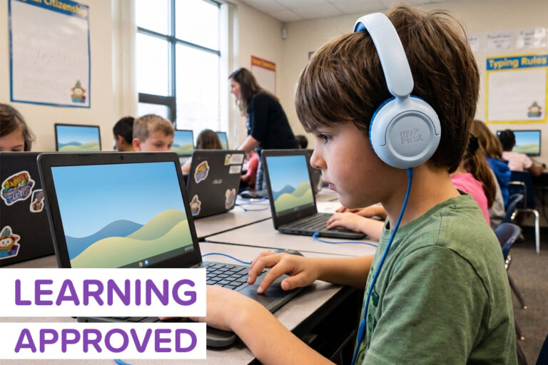 A boy sitting in a computer lab wearing myFirst Link W1 headphones