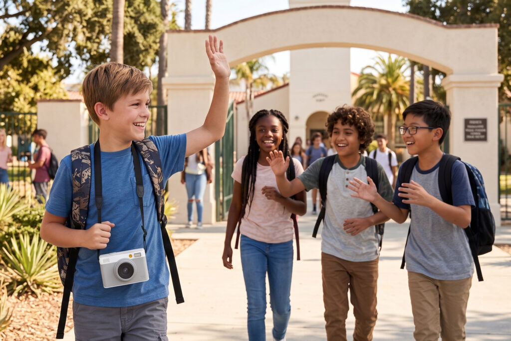 A kid carrying an Insta Lux camera to help document the new year at school. He's greeting friends.