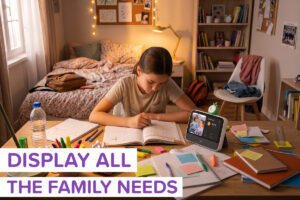A girl studying at her desk next to a Clario, with the copy "display all the family needs" written on the image