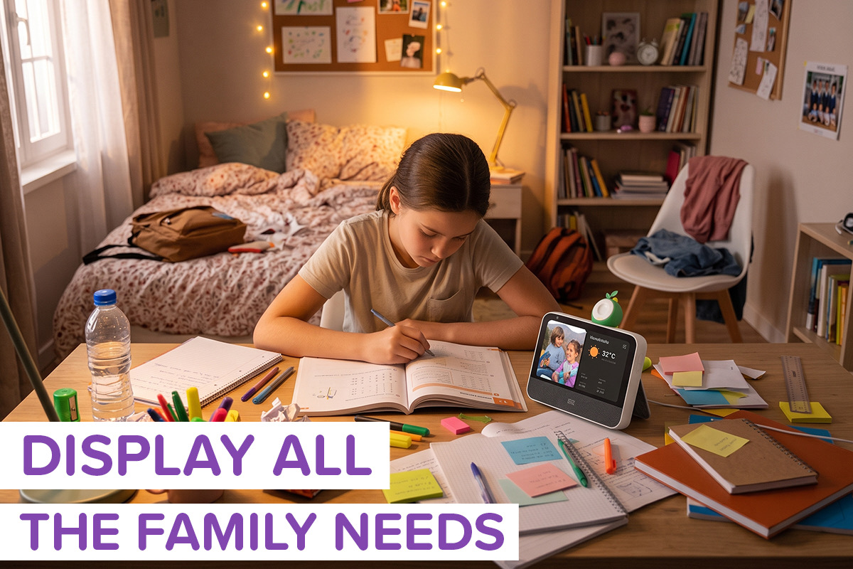 A girl studying at her desk next to a Clario, with the copy "display all the family needs" written on the image