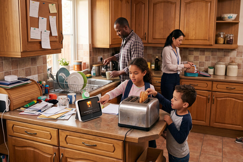 A family in the kitchen making breakfast with a young girl pointing at at Frame Clario