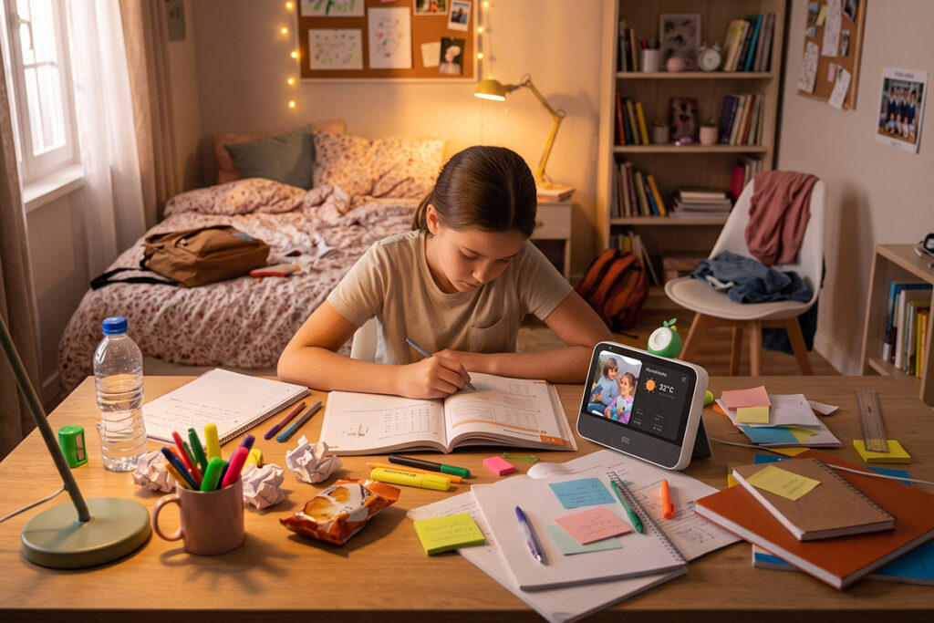 A tween girl in her room studying next to the Clario smart home display