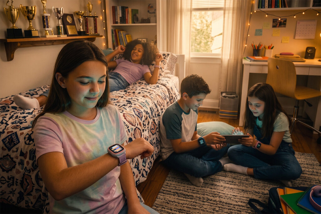 A bunch of tweens hanging out in a bedroom, and one of them is looking at their Watch S4