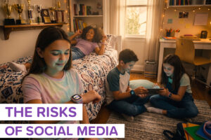 A group of kids hanging out in a bedroom, one of them is looking at their watch. The image is labeled "the risks of social media"