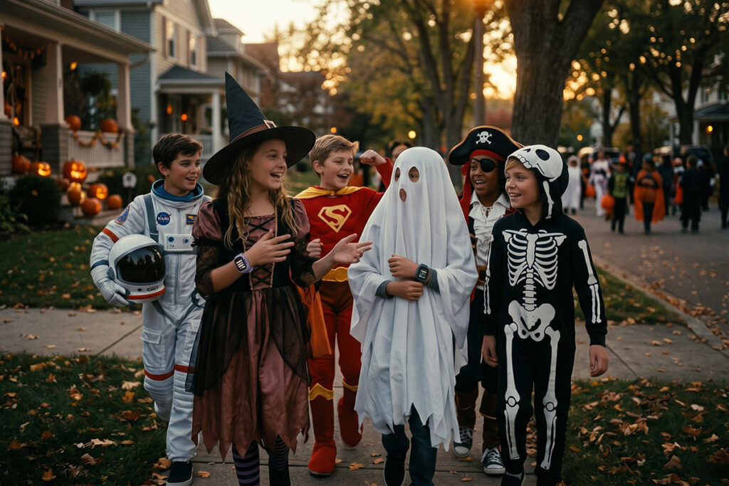 Kids having fun while out trick or treating on Halloween