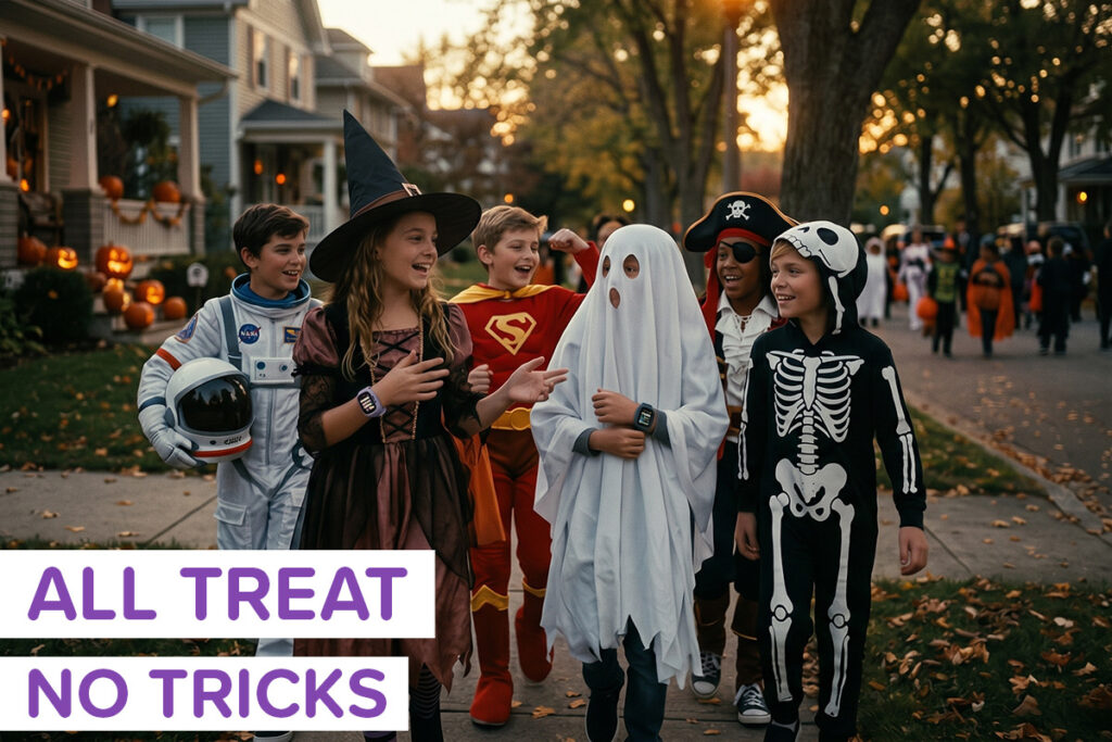 Kids out on Halloween in costumes, wearing smartwatches, labeled "All Treat, No Tricks"