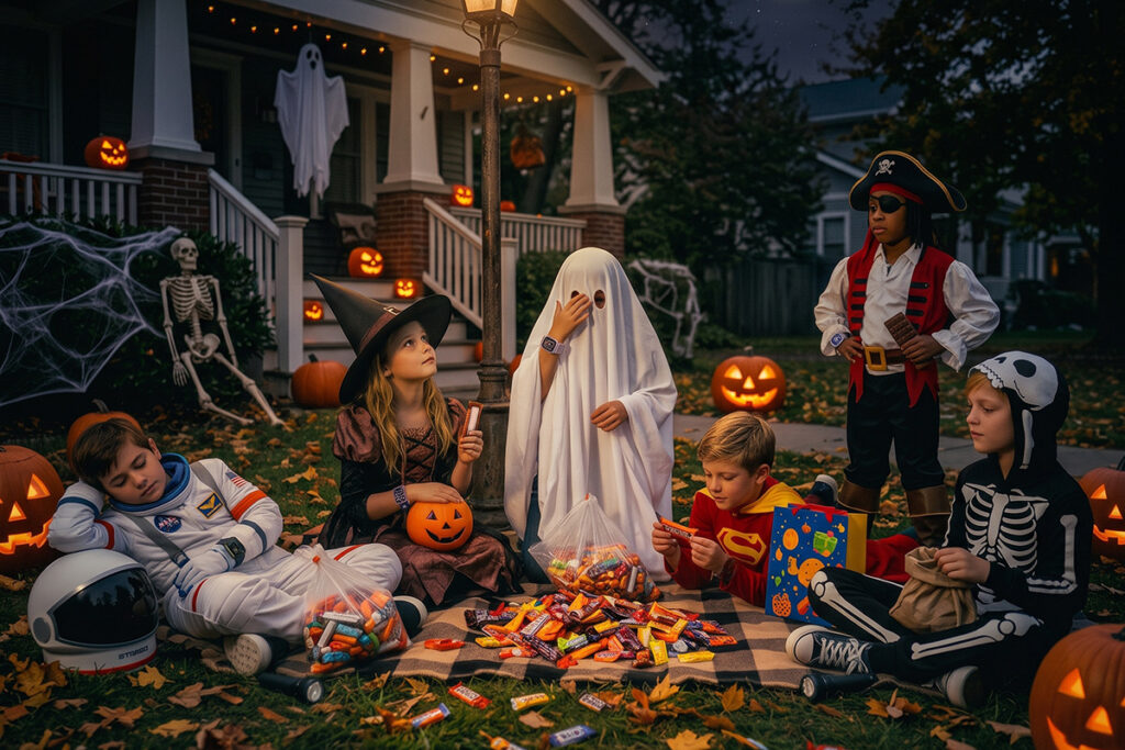 A group of kids going through their candy on Halloween night.