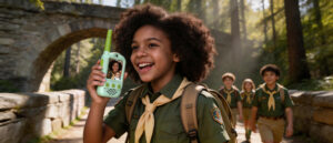 A young troop scout using a view talkie outdoors.