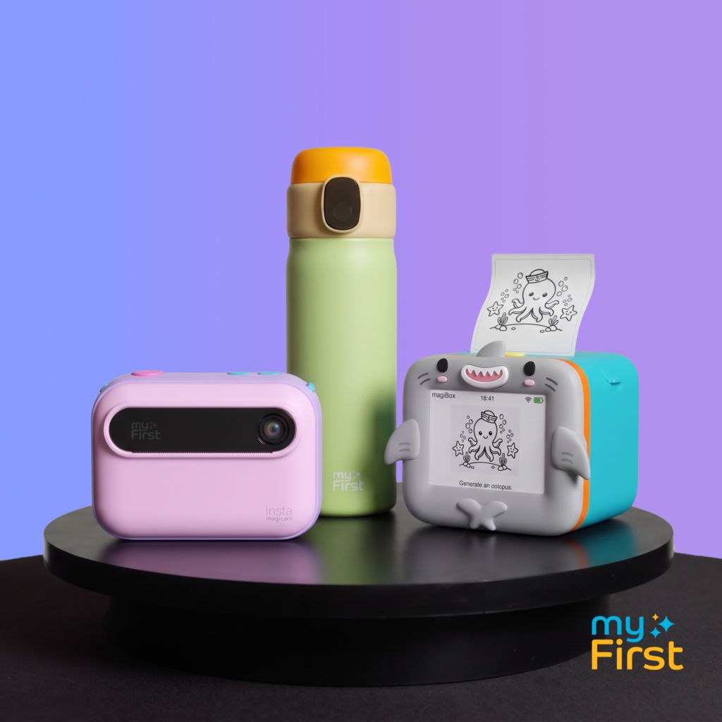 Three products against a purple background: a magicamera, a caresip water bottle, and magibox printer
