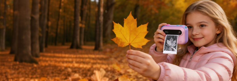 A girl holding a leaf and taking a pic of it using the Insta magiCam
